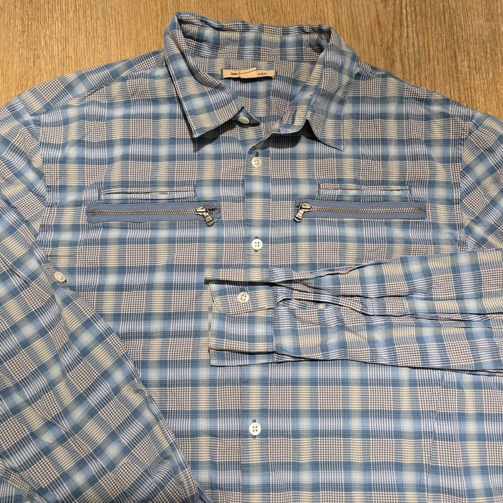 John Varvatos Mens XL Blue Plaid Zip Pockets Long Sleeve Button Shirt SLIM FIT
